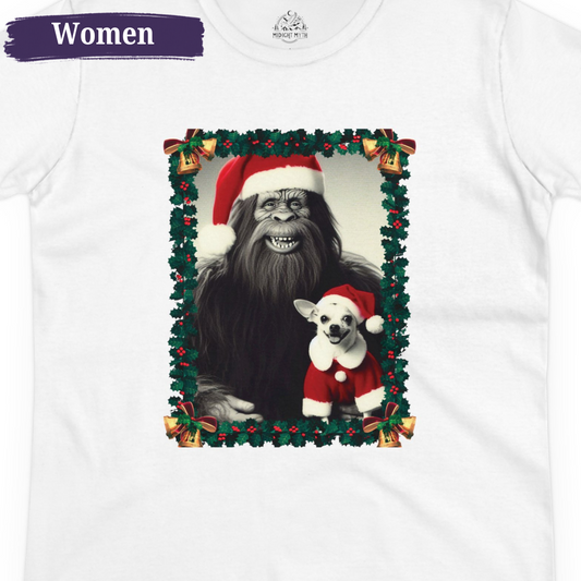 Bigfoot & Chihuahua Santa Christmas Portrait Women's Short Sleeve