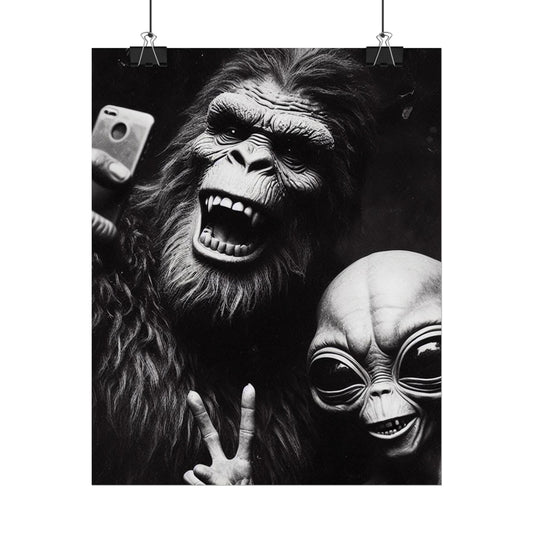 Retro Selfie with Alien Bigfoot Rolled Poster