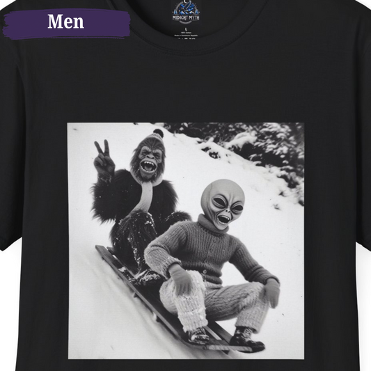 Bigfoot & Alien Go Sledding Men's Short Sleeve Christmas Shirt