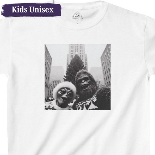 Rockefeller Center NYC Bigfoot & Alien Christmas Kids Unisex Short Sleeve