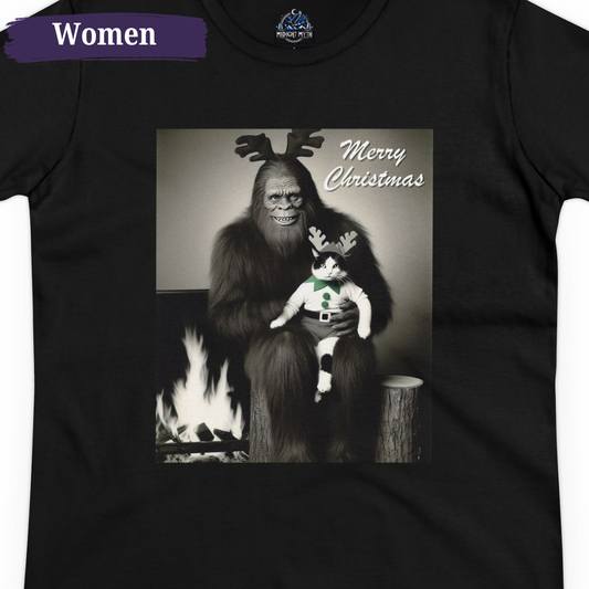 Bigfoot Cat Portrait Women's Short Sleeve Funny Christmas Shirt