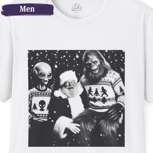 Bigfoot & Alien Meet Santa Portrait Men's Short Sleeve Christmas Shirt