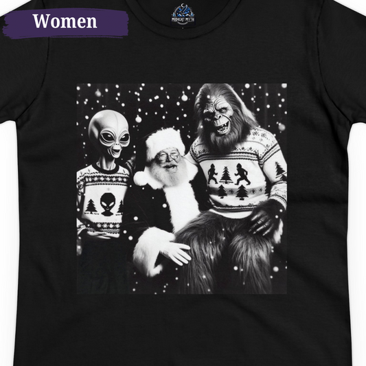 Bigfoot & Alien Meet Santa Portrait Christmas Women's Short Sleeve