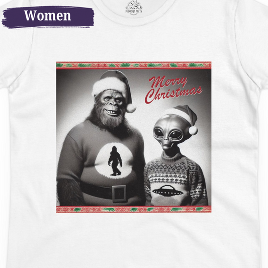 Season's Greetings Bigfoot & Alien Women's Short Sleeve Christmas Shirt