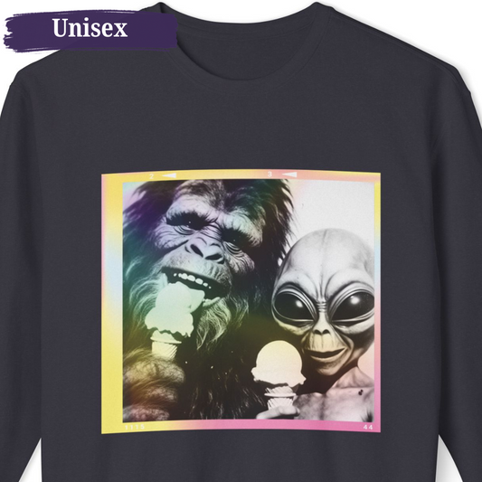 Ice Cream Break with Alien Bigfoot Funny Unisex Crewneck Sweatshirt