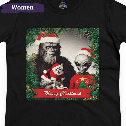 Funny Christmas Shirt Bigfoot, Alien & Santa Cat Women's Short Sleeve