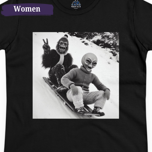 Bigfoot & Alien Go Sledding Women's Christmas Short Sleeve Tee