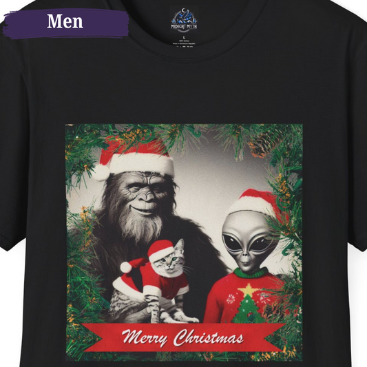 Bigfoot, Alien & Santa Cat Men's Short Sleeve Christmas Shirt