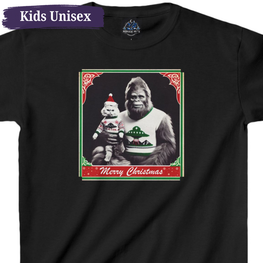 Santa Cat Retro Bigfoot Christmas Kids Unisex Short Sleeve