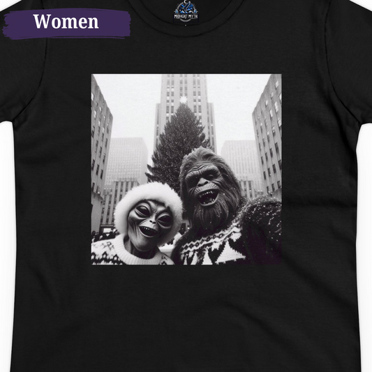 Rockefeller Center NYC Funny Christmas Women's Tee Bigfoot & Alien