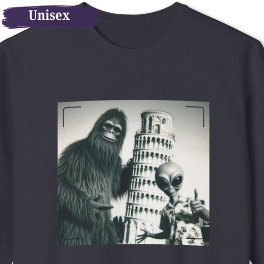 Leaning Tower of Pisa Italy Alien Bigfoot Unisex Crewneck Sweatshirt