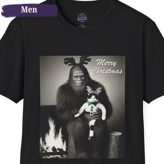 Bigfoot Cat Holiday Portrait Men's Short Sleeve Christmas Shirt