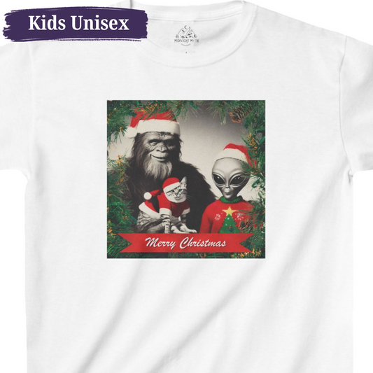 Bigfoot, Alien & Santa Cat Christmas Kids Unisex Short Sleeve