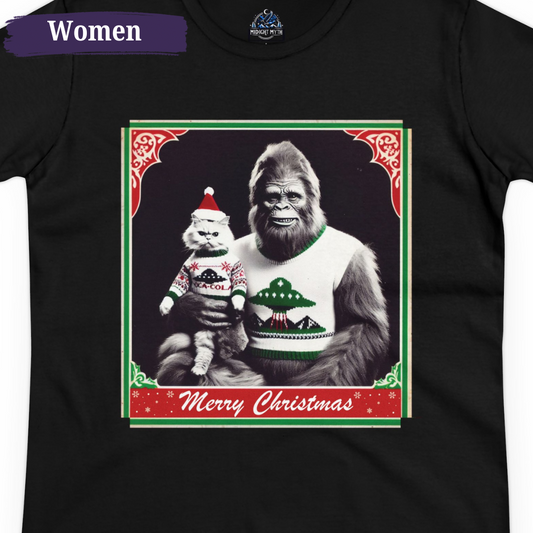 Bigfoot T Shirt with Santa Cat Women Christmas Short Sleeve