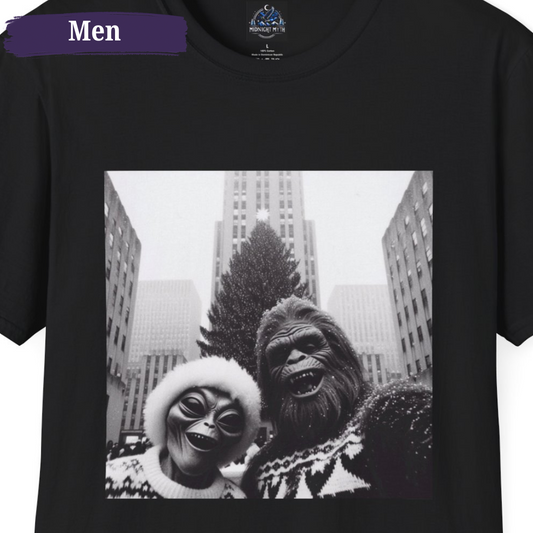 Rockefeller Center NYC Bigfoot & Alien Men's Short Sleeve Christmas Shirt