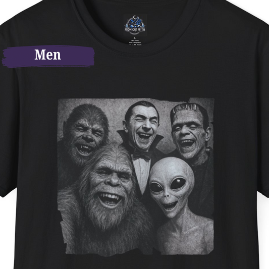 Funny Halloween T-Shirt for Men Bigfoot Alien Dracula Frankenstein Wolf Man Selfie