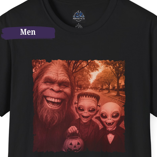 Funny Halloween T-Shirt for Men Bigfoot Alien Trick-or-Treat