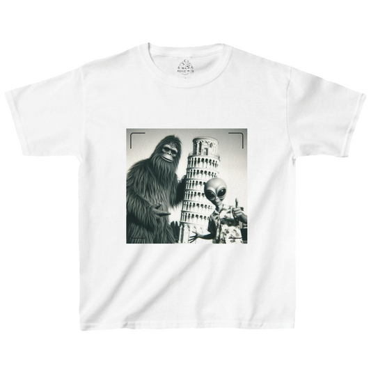 Leaning Tower of Pisa Italy Alien Bigfoot  Kids Unisex Short Sleeve